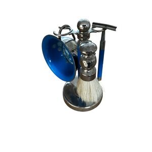 Mid Century Vintage Shaving Set Stand Razor Brush Bowl Blue‎ Handle